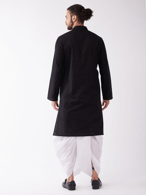 Vastramay Men's Black Cotton Blend Kurta And White Dhoti Set